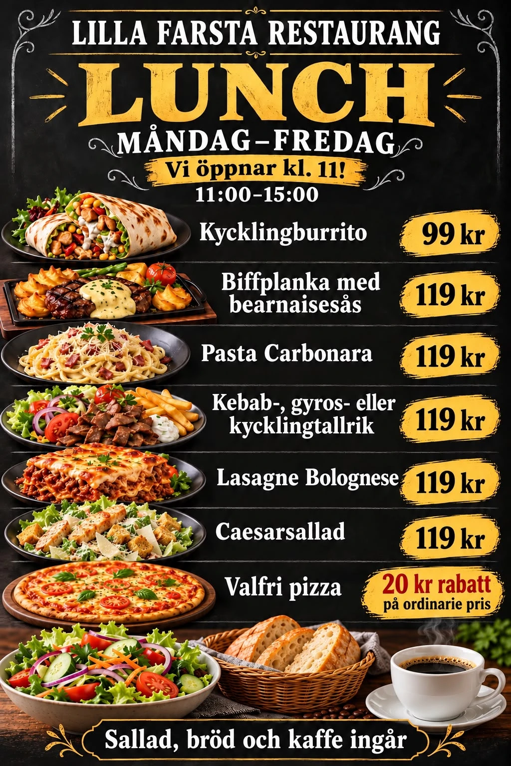 Lunchmeny måndag–fredag 11–15: kycklingburrito 99 kr; biffplanka, pasta carbonara, kebab-, gyros- eller kycklingtallrik, lasagne bolognese och caesarsallad 119 kr; valfri pizza 20 kr rabatt. Sallad, bröd och kaffe ingår.